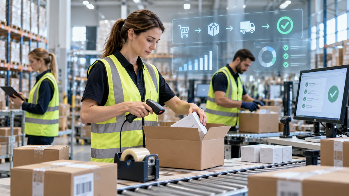 rtr2-1200L V popředí snímku stojí žena v reflexní žluté vestě a černém triku u válečkového dopravníku, přičemž ručním skenerem načítá kód z balíčku uvnitř kartonové krabice. V pozadí pracují další dva lidé v reflexních vestách v prostorné skladové hale s vysokými regály zaplněnými zbožím a počítačem na pracovním stole. Nad scénou jsou digitálně zobrazeny světle modré a zelené grafické ikony znázorňující kroky logistického procesu, sloupcové grafy a kruhové diagramy.
