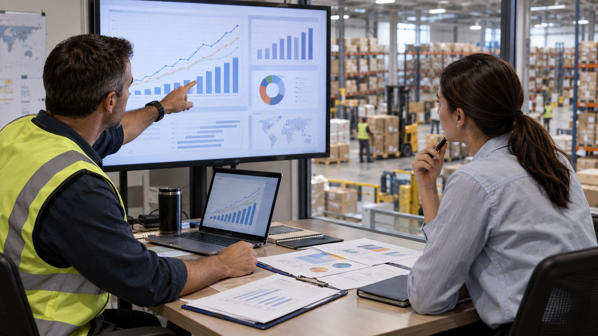 logistik1-1200L Na snímku sedí v kanceláři muž v reflexní žluté vestě a žena ve světle modré košili u dřevěného stolu, na kterém jsou rozložené dokumenty s grafy a otevřený notebook. Muž ukazuje prstem na velkou obrazovku na stěně, která zobrazuje různé analytické grafy a mapu světa, zatímco žena ho sleduje s perem u úst. Za velkým proskleným oknem v pozadí se rozprostírá skladová hala s vysokými regály plnými kartonových krabic a žlutým vysokozdvižným vozíkem.