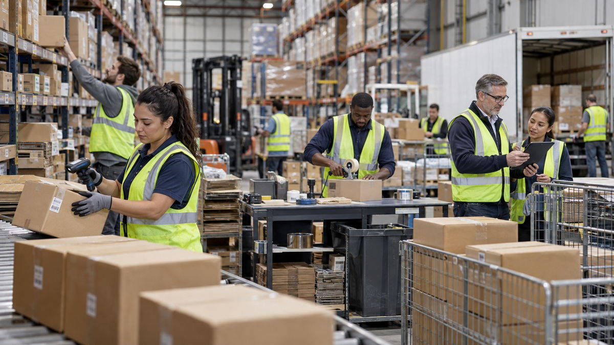logistik2-1200L Na snímku je zachycen rušný interiér velkého skladu, kde několik zaměstnanců v reflexních žlutozelených vestách pracuje s lepenkovými krabicemi u dopravníků, regálů a balicích stolů. V levém popředí žena s tmavými vlasy skenuje krabici na válečkovém pásu, zatímco uprostřed další pracovník zalepuje balík na pracovním stole. V pravé části obrázku spolu diskutují dva kolegové, z nichž jeden drží podložku s dokumenty, přičemž v pozadí je vidět otevřený nákladní prostor kamionu a vysoké skladové regály.