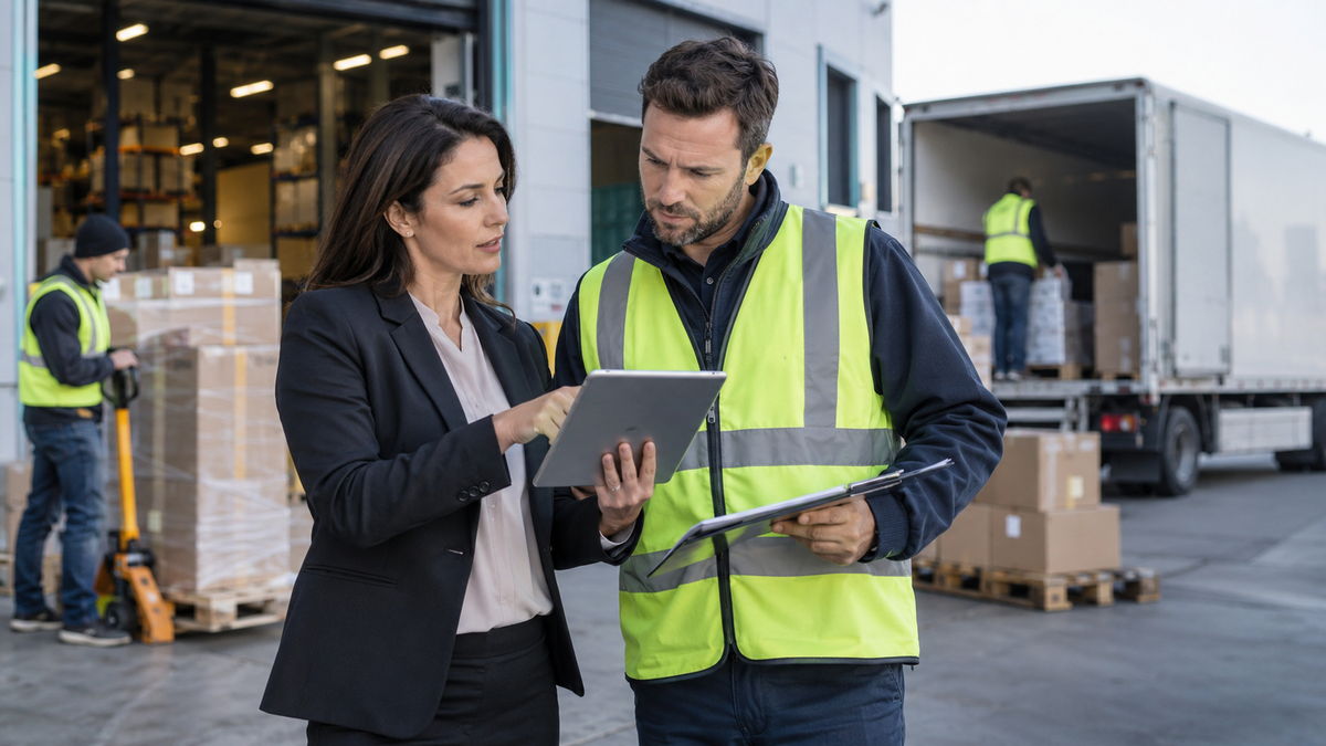 logistik3-1200L Manažerka v obleku a skladník v reflexní vestě procházejí data na tabletu před logistickým skladem s kamionem v pozadí.